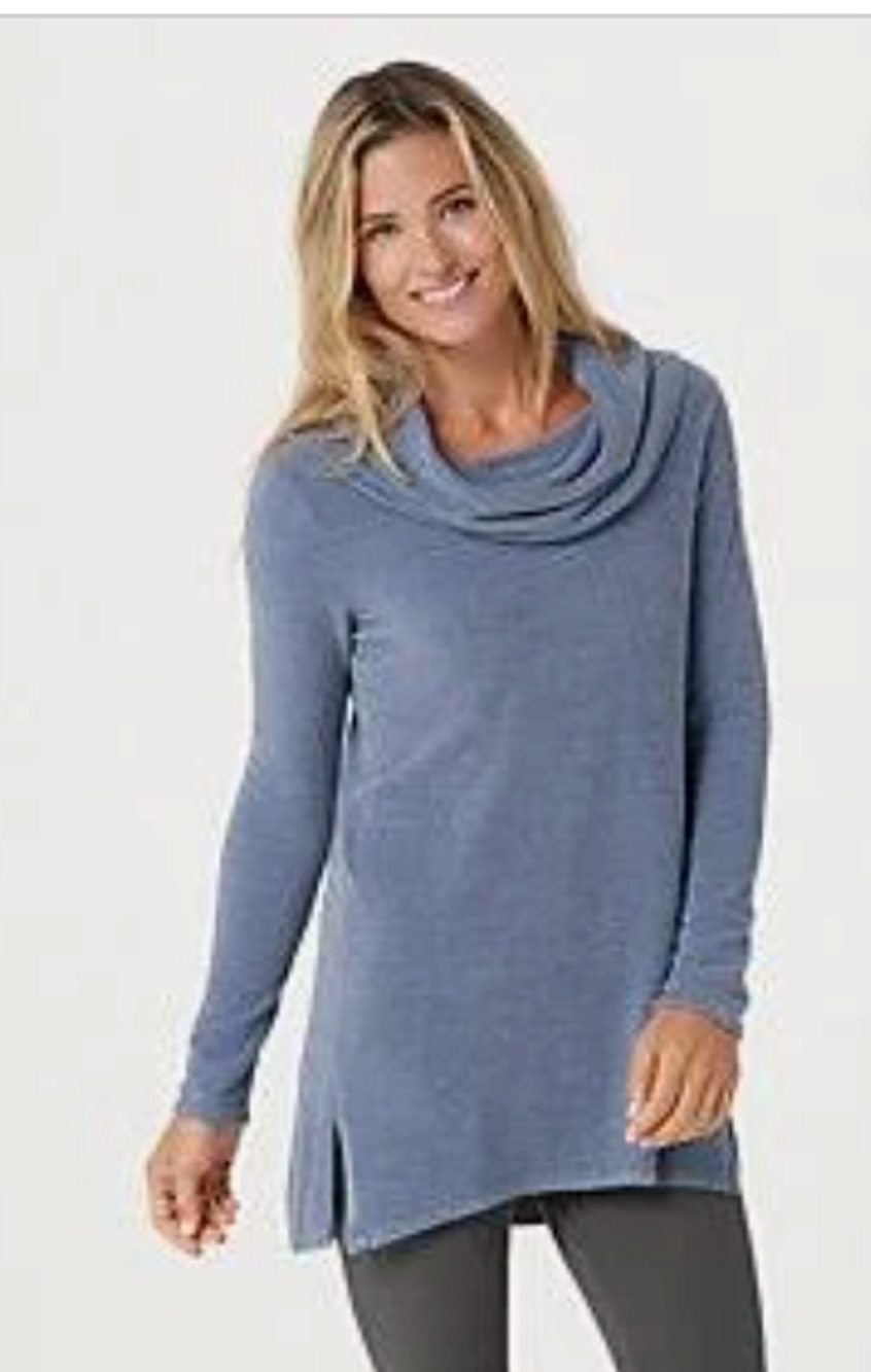 NWT BAREFOOT DREAMS BLUE COZYCHIC ULTRA LITE COASTAL COWL NECK TUNIC SWEATER L